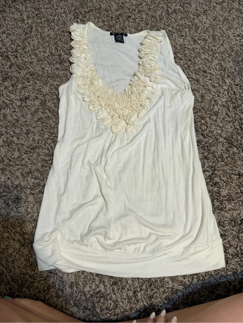 Women's White Sleeveless Tank Top with Ruffle Neckline. Size Medium. 579 brand